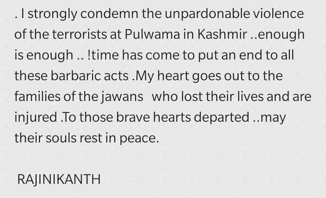Rajinikanth condemns the barbaric act in Pulwama Terror attack