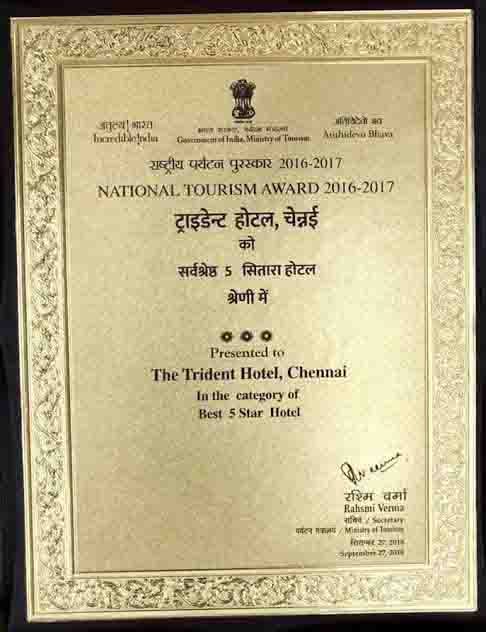 Trident Hotel Chennai wins National Tourism Award for the Best 5-Star Category Hotel in India