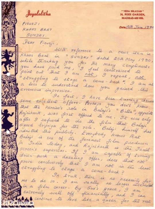 jaya letter about rajini
